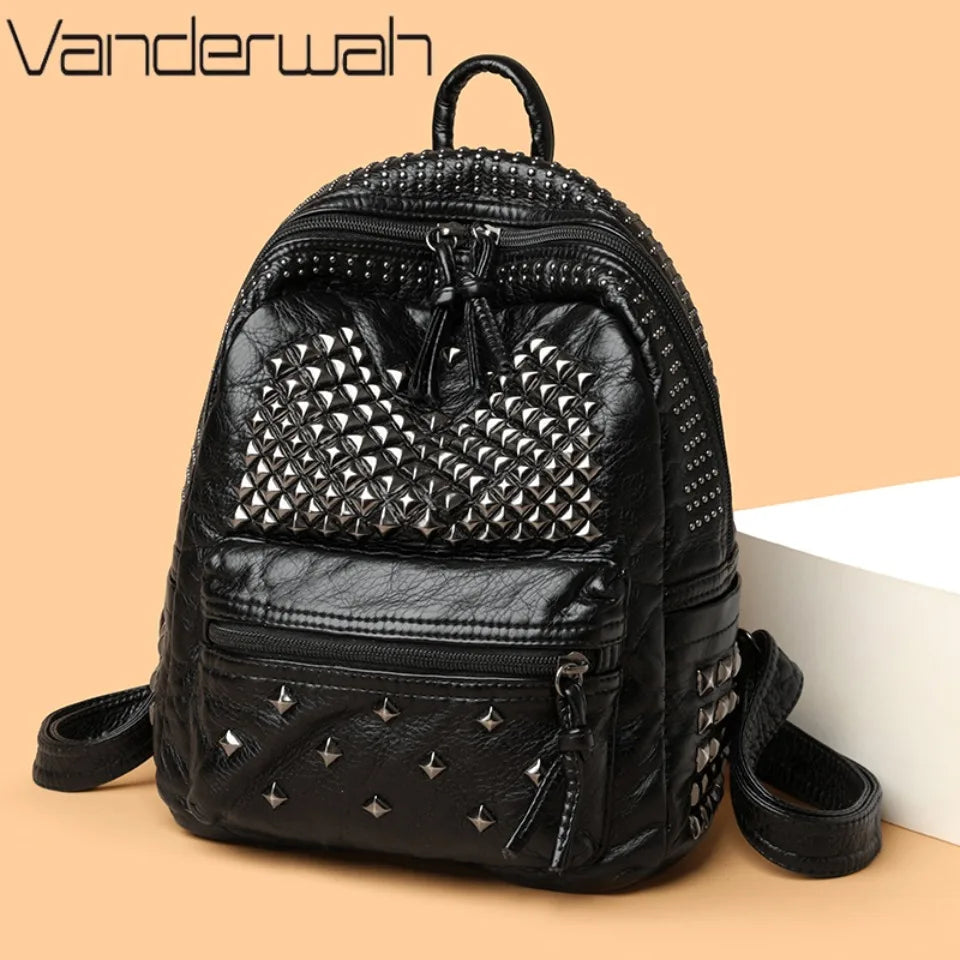 Fashion Women Rivet Backpack Soft Leather 2 Sizes Available Large Capacity Multi Back Method Punk Style Travel School Backpack
