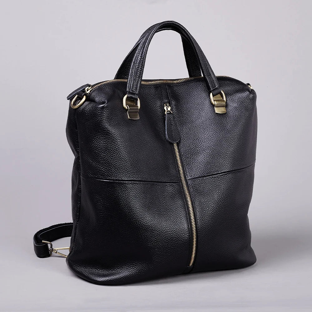 Fashionable Soft Top Layer Cowhide Backpack Large Women's Bag Black Versatile Ladies Handbag Shoulder Bag for All Occasions