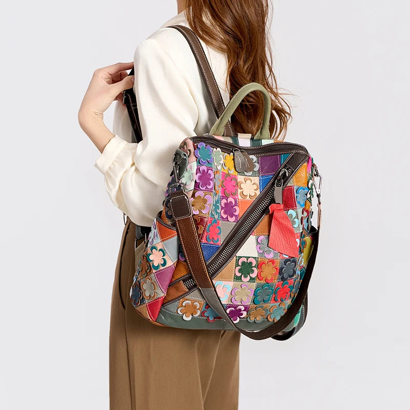 Genuine Leather Travel Backpack for Women, Color Splicing Backpack, Retro Women's Head Layer, New, 2026