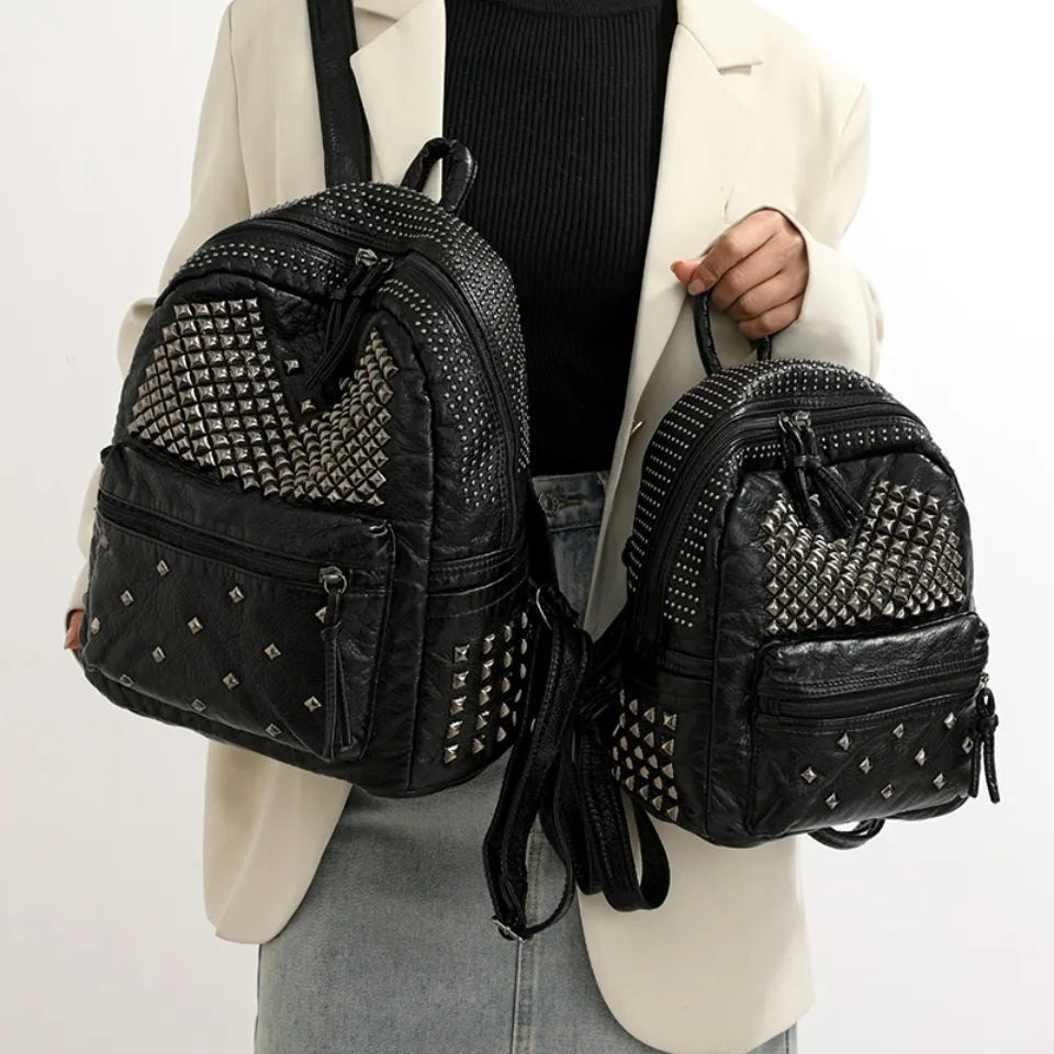 Fashion Women Rivet Backpack Soft Leather 2 Sizes Available Large Capacity Multi Back Method Punk Style Travel School Backpack