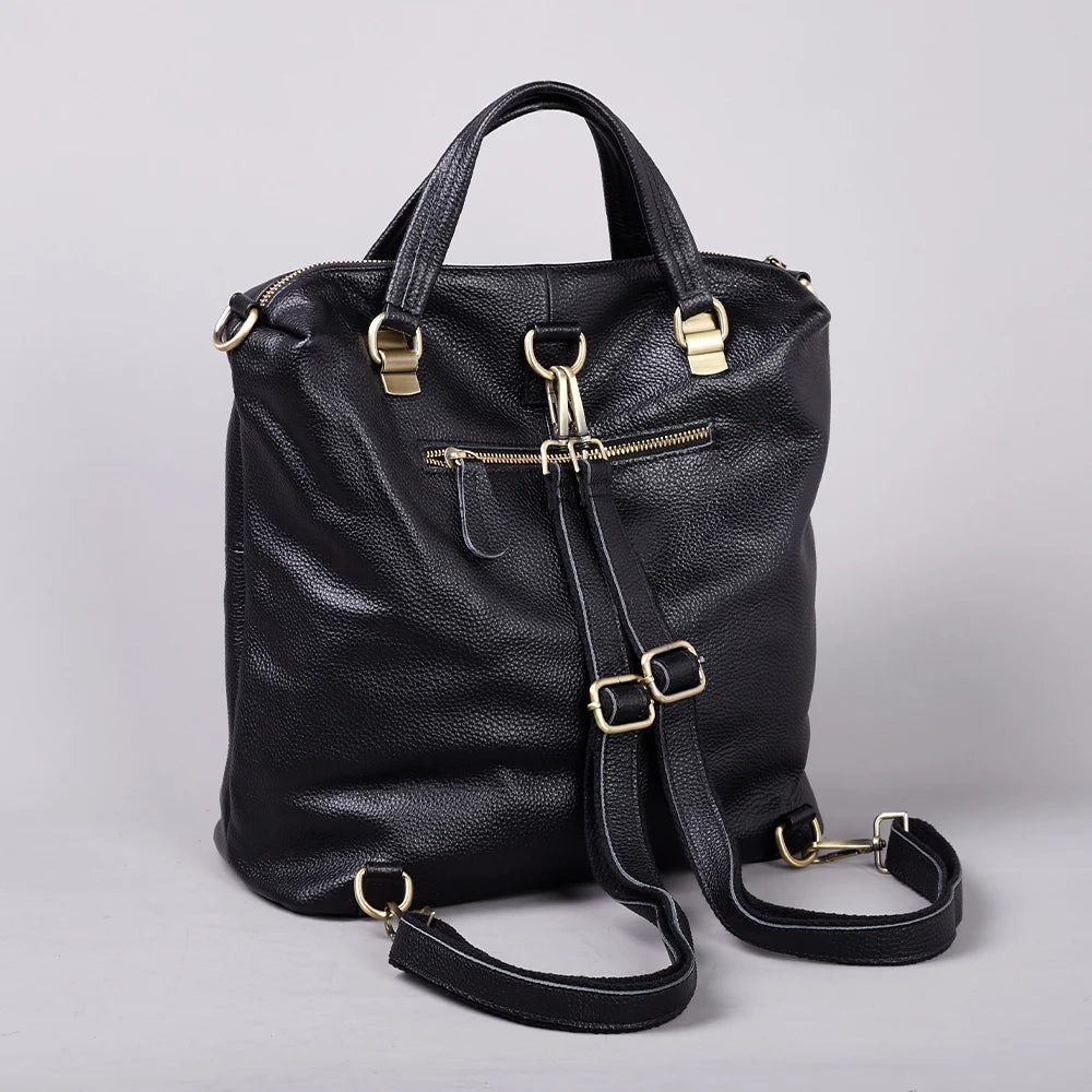 Fashionable Soft Top Layer Cowhide Backpack Large Women's Bag Black Versatile Ladies Handbag Shoulder Bag for All Occasions