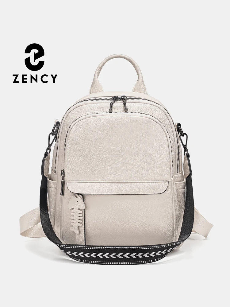 Zency New Genuine Leather Backpack Multi-pocket Design Convertible Shoulder Bag Knapsack for Summer Winter Blue For Travel Work