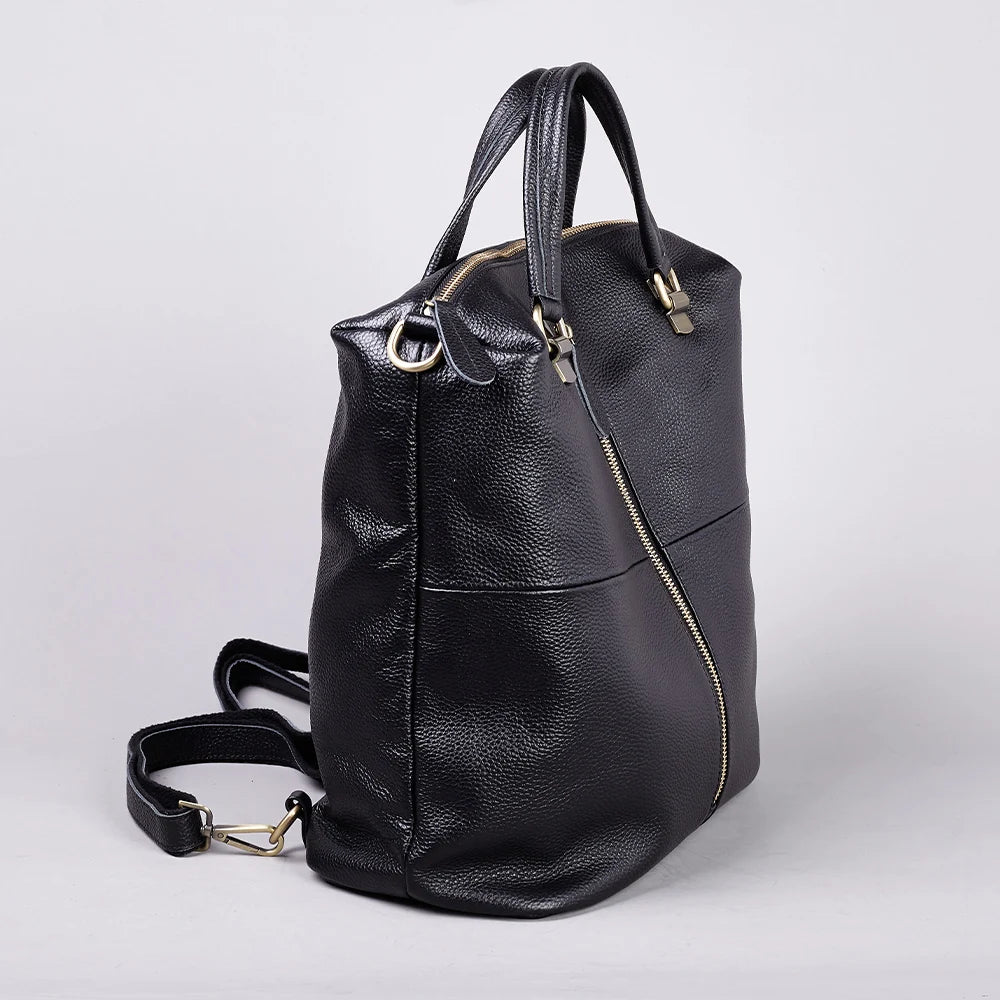 Fashionable Soft Top Layer Cowhide Backpack Large Women's Bag Black Versatile Ladies Handbag Shoulder Bag for All Occasions
