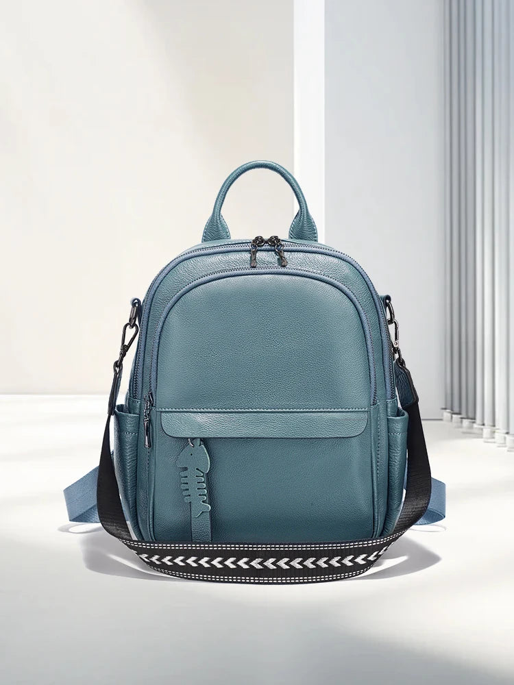 Zency New Genuine Leather Backpack Multi-pocket Design Convertible Shoulder Bag Knapsack for Summer Winter Blue For Travel Work